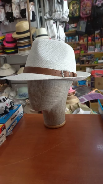 İşnar Unisex Kemerli Hasır beyaz renk Fötr Şapka ürün görseli 1