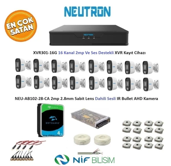 Neutron 2mp 16 kameralı Sesli Dış ortam AHD Full Kamera Seti 4TB Disk XVR301-16G NEU-AB102-28-CA ürün görseli 1