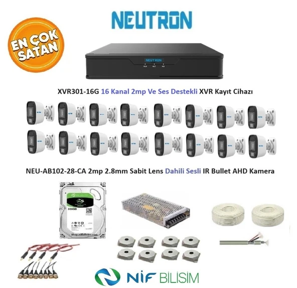 Neutron 2mp 16 kameralı Sesli Dış ortam AHD Full Kamera Seti 500GB Disk XVR301-16G NEU-AB102-28-CA ürün görseli 1