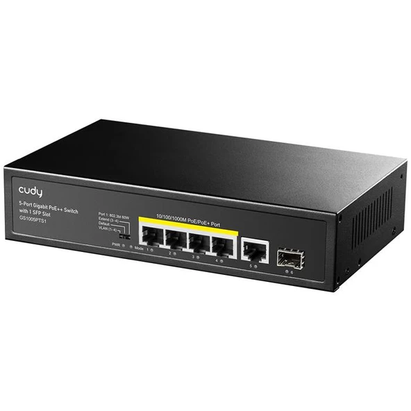 Cudy Gs1005Pts1 5 Port 10/100/1000 Yönetilemez +1 Port Gb. 1 Sfp (1Gb) Desktop (4 Port Poe+) 120W Switch ürün görseli 1