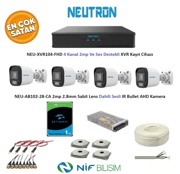 Neutron 2mp 4 kameralı Sesli Dış ortam AHD Full Kamera Seti 1TB Disk NEU-XVR104-FHD NEU-AB102-28-CA ürün görseli 1