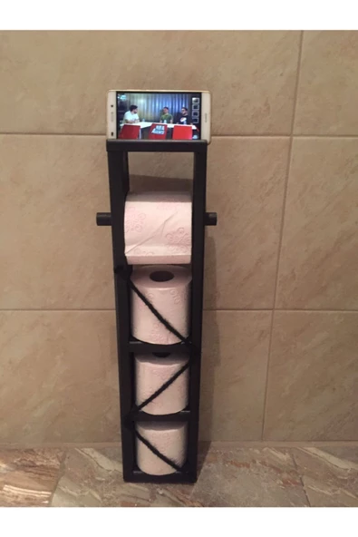 Ahşap Wc Kağıtlık Tuvalet Tuvalet Kağıtlığı Telefon Tutucu Standı Özellikli Siyah ürün görseli 1