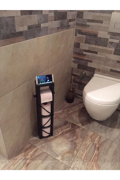 Ahşap Wc Kağıtlık Tuvalet Tuvalet Kağıtlığı Telefon Tutucu Standı Özellikli Siyah ürün görseli 1