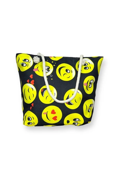 Me-vo Kadın Çok Amaçlı Büyük Boy İçi Astarlı Fermuarlı Siyah Renkli Emoji Desenli Örgülü Yumuşak Saplı Deniz Plaj El ve Omuz Çantası ürün görseli 1