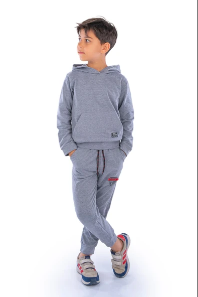 New Design Kanguru Cepli Kapüşonlu Çocuk Eşofman MNK10073 ürün görseli 1