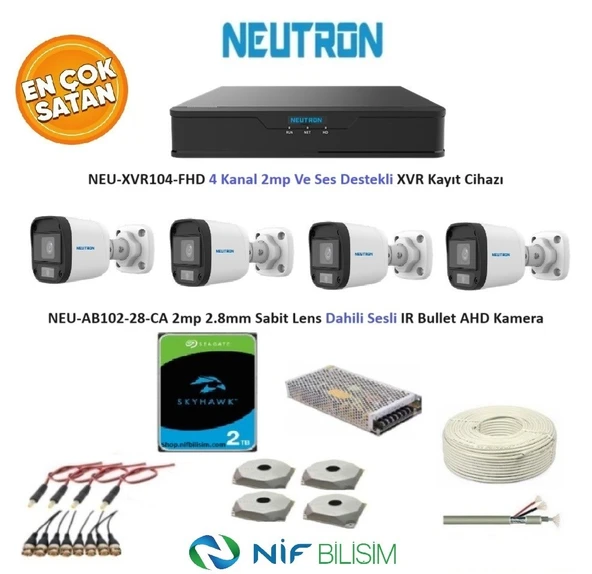 Neutron 2mp 4 kameralı Sesli Dış ortam AHD Full Kamera Seti 2TB Disk NEU-XVR104-FHD NEU-AB102-28-CA ürün görseli 1