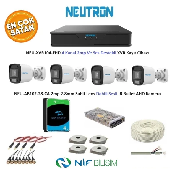 Neutron 2mp 4 kameralı Sesli Dış ortam AHD Full Kamera Seti 4TB Disk NEU-XVR104-FHD NEU-AB102-28-CA ürün görseli 1
