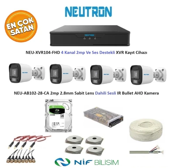 Neutron 2mp 4 kameralı Sesli Dış ortam AHD Full Kamera Set 500GB Disk NEU-XVR104-FHD NEU-AB102-28-CA ürün görseli 1