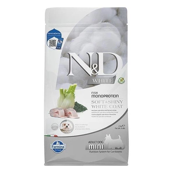N&D White Coat Levrek ve Spirulina Beyaz Tüylü Mini Irk Tahılsız Köpek Maması 2 Kg ürün görseli 1