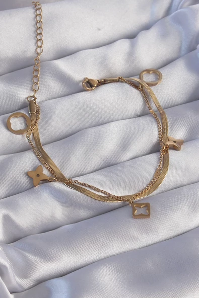 316L Çelik Gold Renk Çift Zincir Yonca Tasarım Bileklik TJ-BB6181 ürün görseli 1