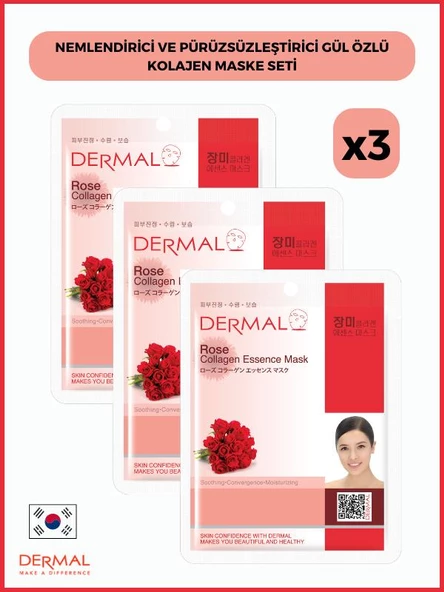 Dermal Nemlendirici Ve Pürüzsüzleştirici Gül Özlü Kolajen Maske 23gr 3 Adet ürün görseli 1