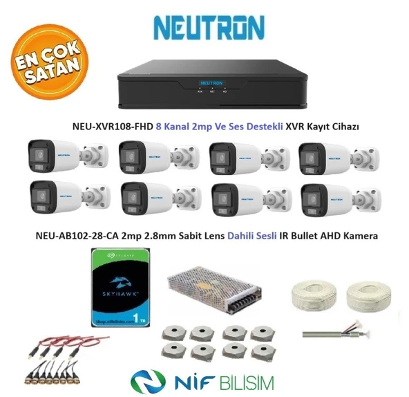 Neutron 2mp 8 kameralı Sesli Dış ortam AHD Full Kamera Seti 1TB Disk NEU-XVR108-FHD NEU-AB102-28-CA ürün görseli 1