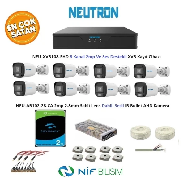 Neutron 2mp 8 kameralı Sesli Dış ortam AHD Full Kamera Seti 2TB Disk NEU-XVR108-FHD NEU-AB102-28-CA ürün görseli 1