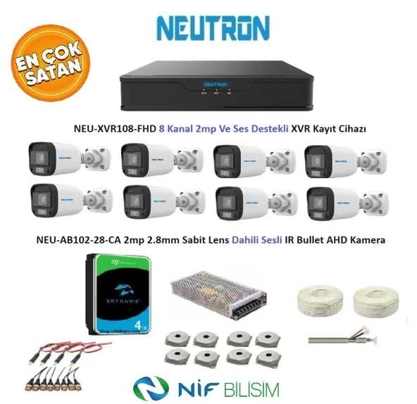Neutron 2mp 8 kameralı Sesli Dış ortam AHD Full Kamera Seti 4TB Disk NEU-XVR108-FHD NEU-AB102-28-CA ürün görseli 1