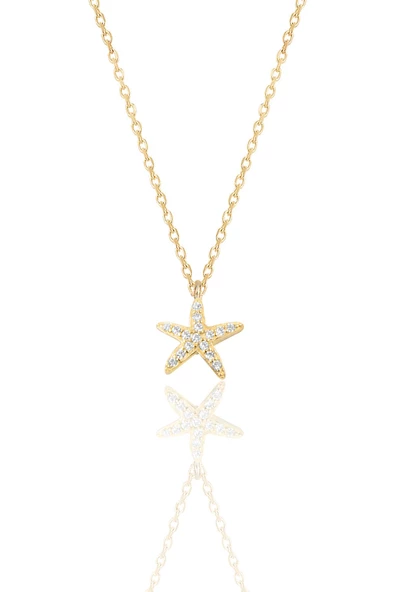 Gümüş altın yaldızlı zirkon taşlı deniz yıldızı kolye SGTL11442GOLD ürün görseli 1