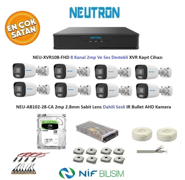 Neutron 2mp 8 kameralı Sesli Dış ortam AHD Full Kamera Set 500GB Disk NEU-XVR108-FHD NEU-AB102-28-CA ürün görseli 1