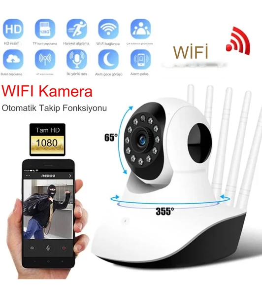 5 Antenli Bebek Izleme Kamerası Gece Görüşlü Ip Güvenlik Kamerası 360 Derece Hareket Sensörlü ürün görseli 1