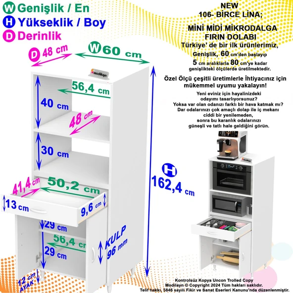 Modilayn BİRCE LİNA M-60 x 162,4 x 48 cm Çekmeceli Çok Amaçlı Fırın ve  Banyo & Mutfak Dolabı ürün görseli 1