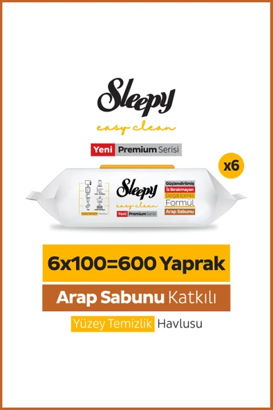 Sleepy Easy Clean Premium Arap Sabunu Katkılı Yüzey Temizlik Havlusu Mendili 6x100 (600 Yaprak) ürün görseli 1