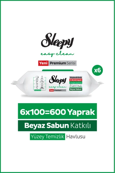 Sleepy Easy Clean Premium Beyaz Sabun Katkılı Yüzey Temizlik Havlusu Mendili 6x100 (600 Yaprak) ürün görseli 1