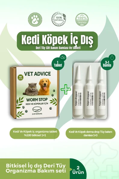 vet advice Kedi Köpek Iç Dış Tüy Ve Deri Bakım Damla Tablet 2'li Avantajlı Paket %100 Bitkisel Içerik (PARAZİT) ürün görseli 1