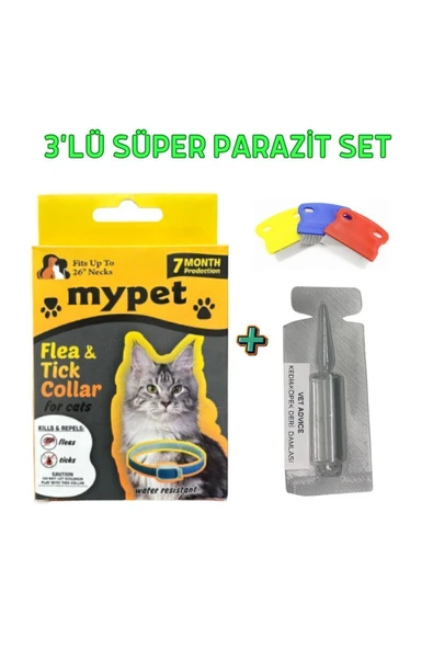 vet advice Kedi Parazit Tüy Bakım Bitkisel 3'lü Set %100 Etki ( Tasma,damla,tarak) ürün görseli 1