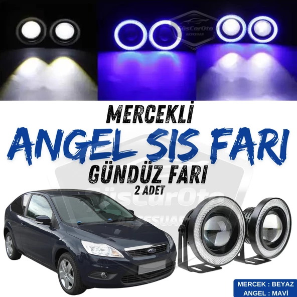 Ford Focus 2.5 2009-2011 Uyumlu Üniversal Mercekli Angel Sis Farı Metal Su Geçirmez 76 mm Mavi Halkalı Gündüz Farı Angel Eyes 2 Adet ürün görseli 1