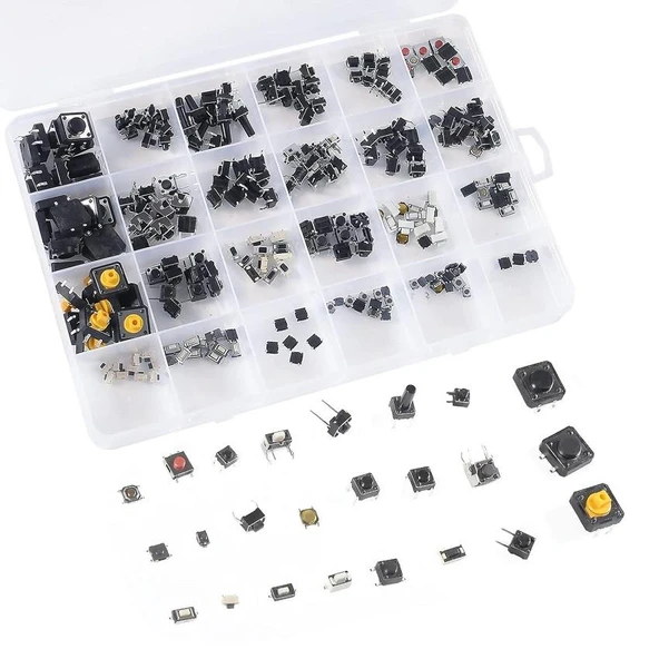 250 Adet Tact Switch Seti Dip Smd Kılıf 25 Farklı Çeşit Plastik Çantada ürün görseli 1