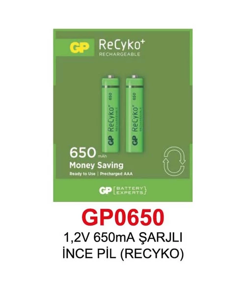 GP 1,2V 650mA ŞARJLI İNCE PİL (RECYKO) ürün görseli 1