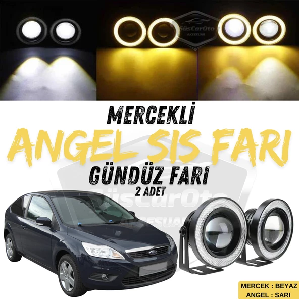 Ford Focus 2.5 2009-2011 Uyumlu Üniversal Mercekli Angel Sis Farı Metal Su Geçirmez 76 mm Sarı Halkalı Gündüz Farı Angel Eyes 2 Adet ürün görseli 1