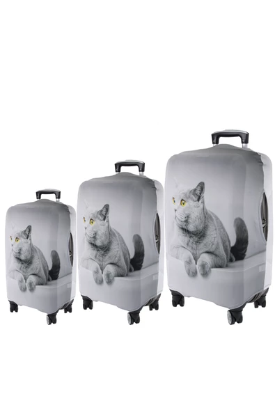 My77 Gri Kedi VALİZ KILIFI / BAVUL KORUYUCU ÖRTÜSÜ Büyük, Orta, Kabin Boy Set ürün görseli 1