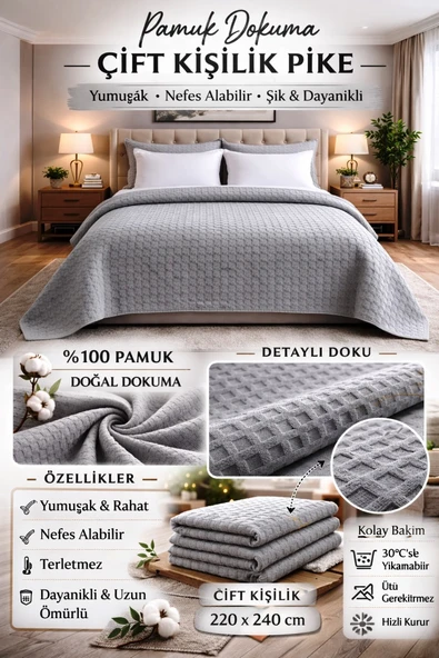 Şaheser %100 Pamuk Çift Kişilik Pike 240x220 (Tek Pike)-Gri v1 ürün görseli 1