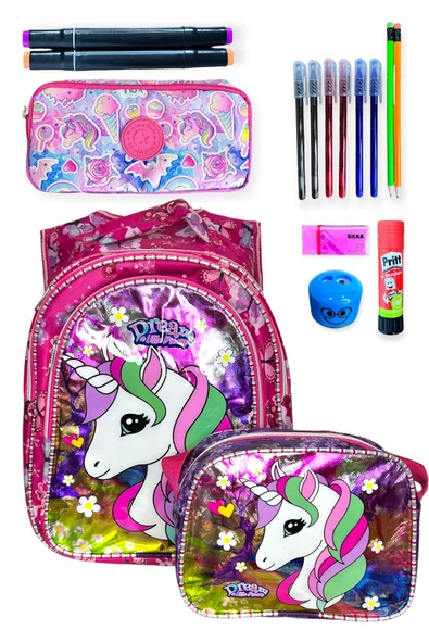 Me-vo Kız Çocuk Pembe Renkli Çok Gözlü Geniş Hacimli Unicorn Desenli Terletmeyen Ortopedik Sırt Destekli İlkokul Çanta Seti ürün görseli 1