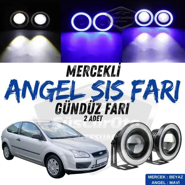 Ford Focus 2 2004-2008 Uyumlu Üniversal Mercekli Angel Sis Farı Metal Su Geçirmez 76 mm Mavi Halkalı Gündüz Farı Angel Eyes 2 Adet ürün görseli 1