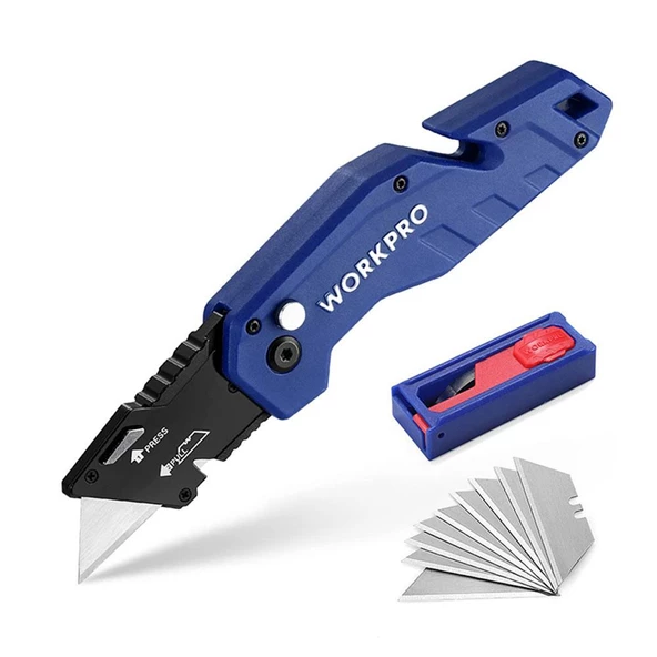 WORKPRO WP211008 Profesyonel Katlanır Çok Amaçlı Rötuş Maket Bıçağı + 10 Adet Yedek Bıçak ürün görseli 1
