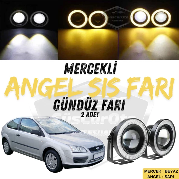 Ford Focus 2 2004-2008 Uyumlu Üniversal Mercekli Angel Sis Farı Metal Su Geçirmez 76 mm Sarı Halkalı Gündüz Farı Angel Eyes 2 Adet ürün görseli 1