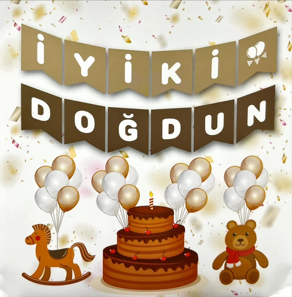 İyi Ki Doğdun Beyaz Yazılı Krem Kahverengi Banner ürün görseli 1