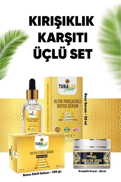 3'lü Kırışıklık Karşıtı Set - Kırışıklık Kremi, Botoks Etkili - 24k Altın Parçacıklı Serum ve Sabun ürün görseli 1