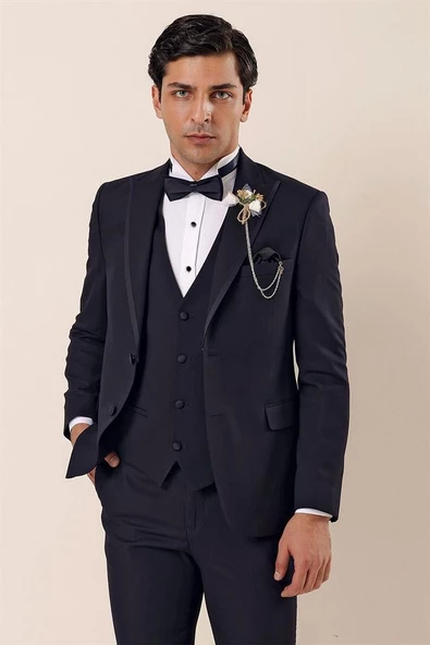 Koyu Lacivert Çıkarılabilir Kırlangıç Yaka Yelekli 6 Drop Slim Fit Smokin Damatlık 1001225203 ürün görseli 1