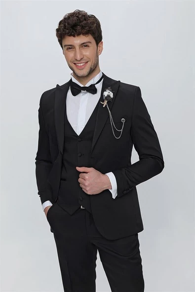 Siyah Armürlü Kırlangıç Yaka Tam Astar Yelekli 6 Drop Slim Fit Dar Kesim Smokin Damatlık 1001225178 ürün görseli 1