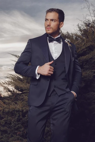 Lacivert Armürlü Mono Yaka Astarlı Yelekli 6 Drop Slim Fit Smokin Damatlık 1001220205 ürün görseli 1