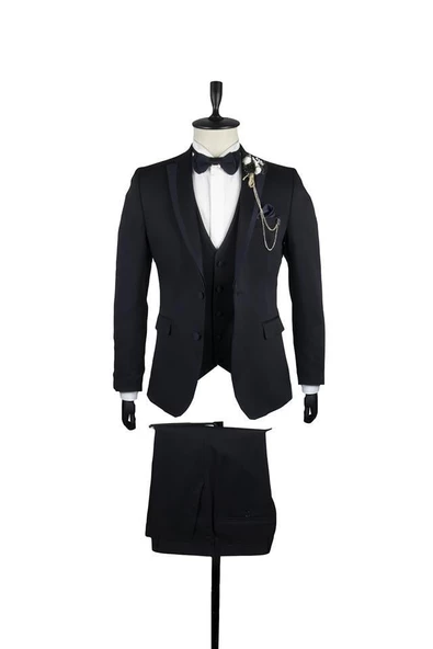 Koyu Lacivert Armürlü Mono Yaka Astarlı Yelekli 6 Drop Slim Fit Smokin Damatlık 1001220202 ürün görseli 1