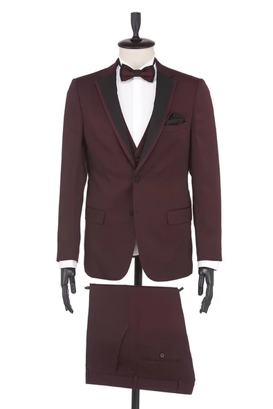 Bordo Armürlü Mono Yaka Astarlı Yelekli 6 Drop Slim Fit Smokin Damatlık 1001190164 ürün görseli 1