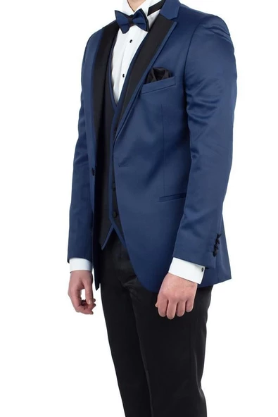 Lacivert Saten Mono Yaka Astarlı Yelekli 6 Drop Slim Fit Dar Kesim Smokin Damatlık 1001190152 ürün görseli 1