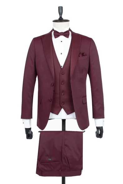 Bordo Armürlü Mono Yaka Astarlı Yelekli 6 Drop Slim Fit Smokin Damatlık 1001195219 ürün görseli 1