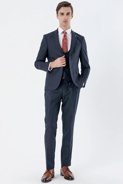 Lacivert Mono Yaka Yelekli 6 Drop Slim Fit Tam Astar Esnek Takım Elbise 1001240186 ürün görseli 1