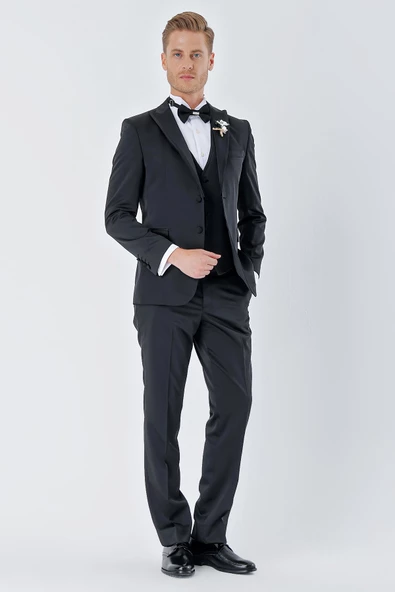 Siyah Desenli Armürlü Çıkarılabilir Kırlangıç Yaka 6 Drop Slim Fit Smokin Damatlık Takım 1001230213 ürün görseli 1