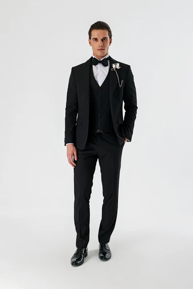 Siyah Çıkarılabilir Şal Yaka Yelekli Likralı 6 Drop Slim Fit Smokin Damatlık 1001240202 ürün görseli 1