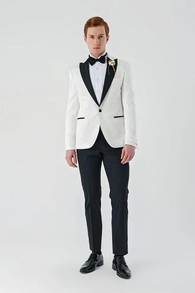 Krem Rengi Çıkarılabilir Kırlangıç Yaka Likralı 6 Drop Slim Fit Smokin Damatlık 1001240204 ürün görseli 1
