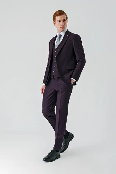 Mor Kırlangıç Yaka Yelekli 6 Drop Slim Fit Tam Astar Takım Elbise 1001240187 ürün görseli 1